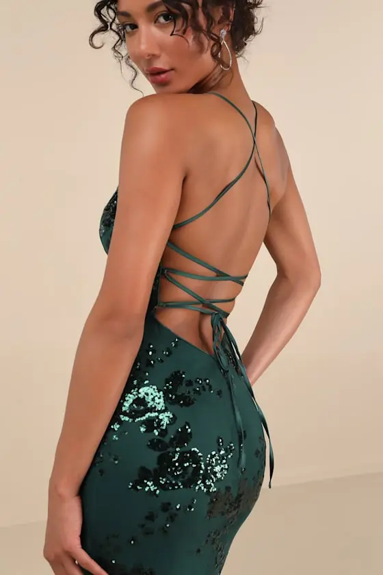 Valhalla Navy Blue Sequin Lace-Up Maxi Dress