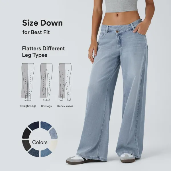 Asymmetric Low Rise Zipper Pockets Baggy Wide Leg Washed Casual Jeans