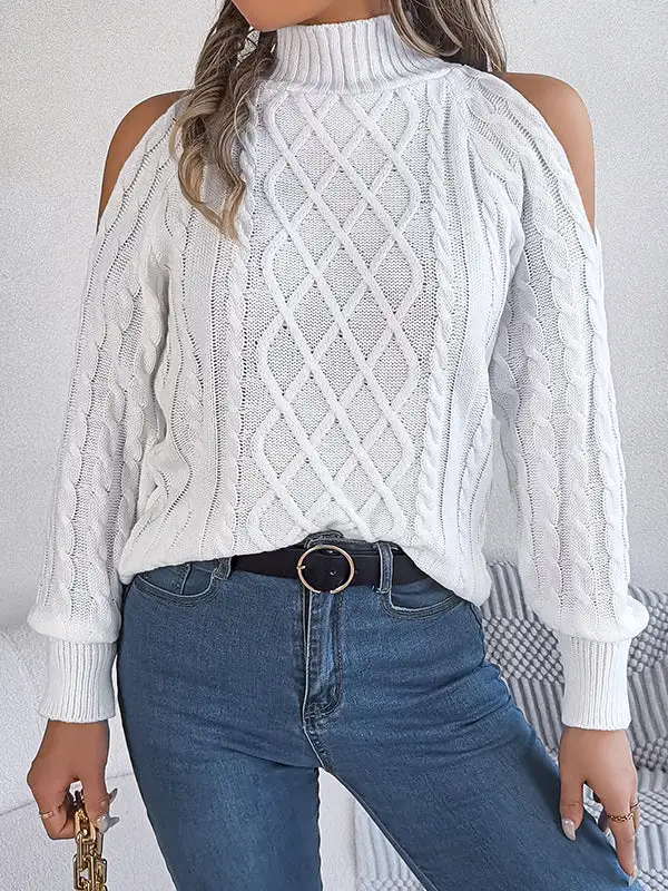 Openwork Cold Shoulder Long Sleeve Relaxed Fit Pullover Sweater
