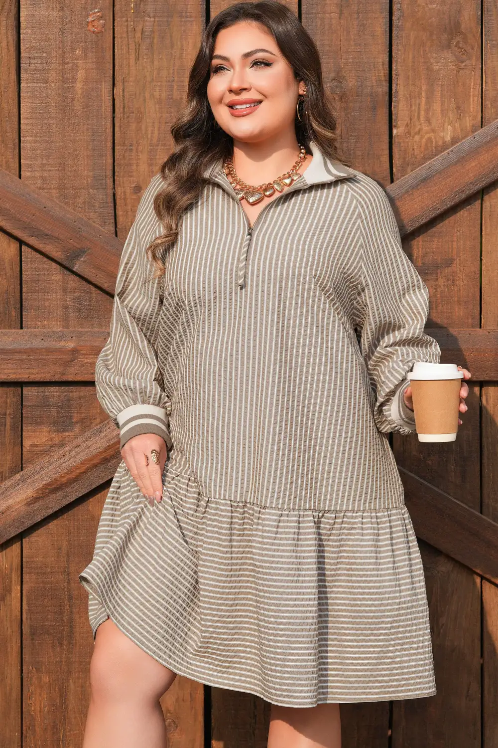 Striped Zip Front Ruffle Mini Dress