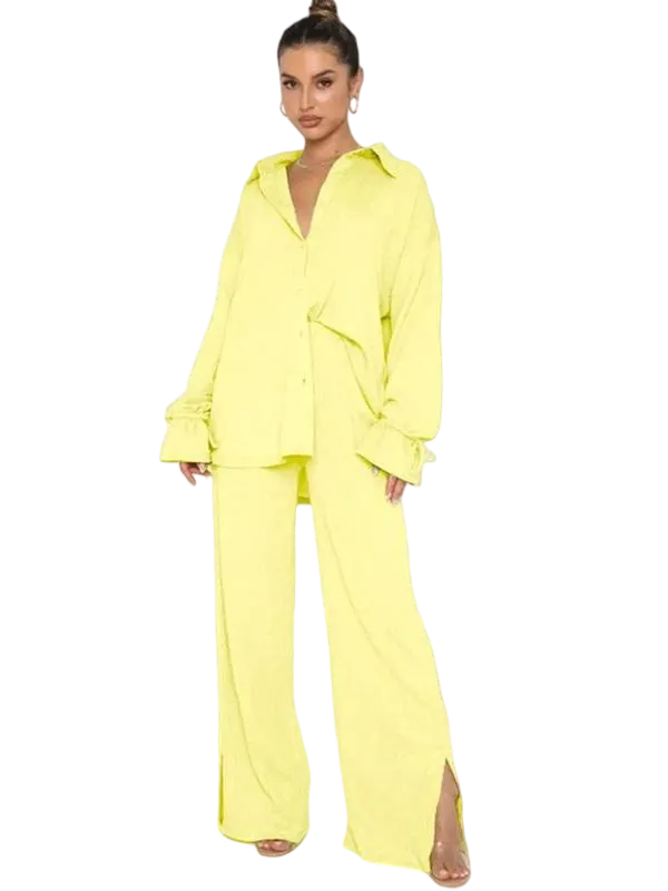 Women's Button-Front Shirt & Split-Hem Pants Set - Flounce Sleeve Top & Wide-Leg Trousers