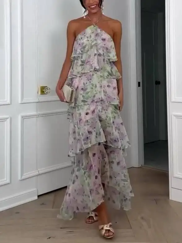 Halter Neck Layered Ruffle Floral Print Midi Dress