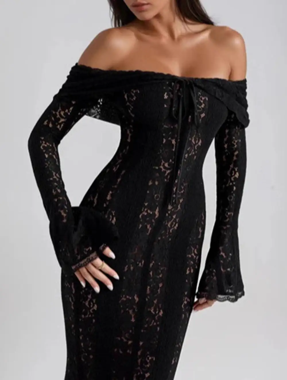Lace Off Shoulder Bell Sleeve Evening Dress