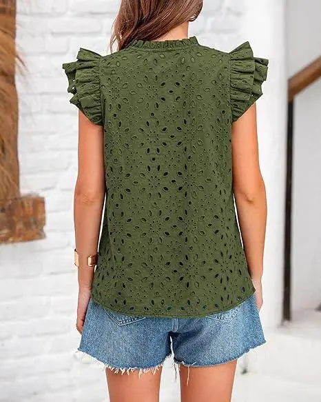 9PACK-Women Summer Eyelet Tops Dressy Casual V-Neck Ruffle Cap Sleeve Cotton Boho Shirts