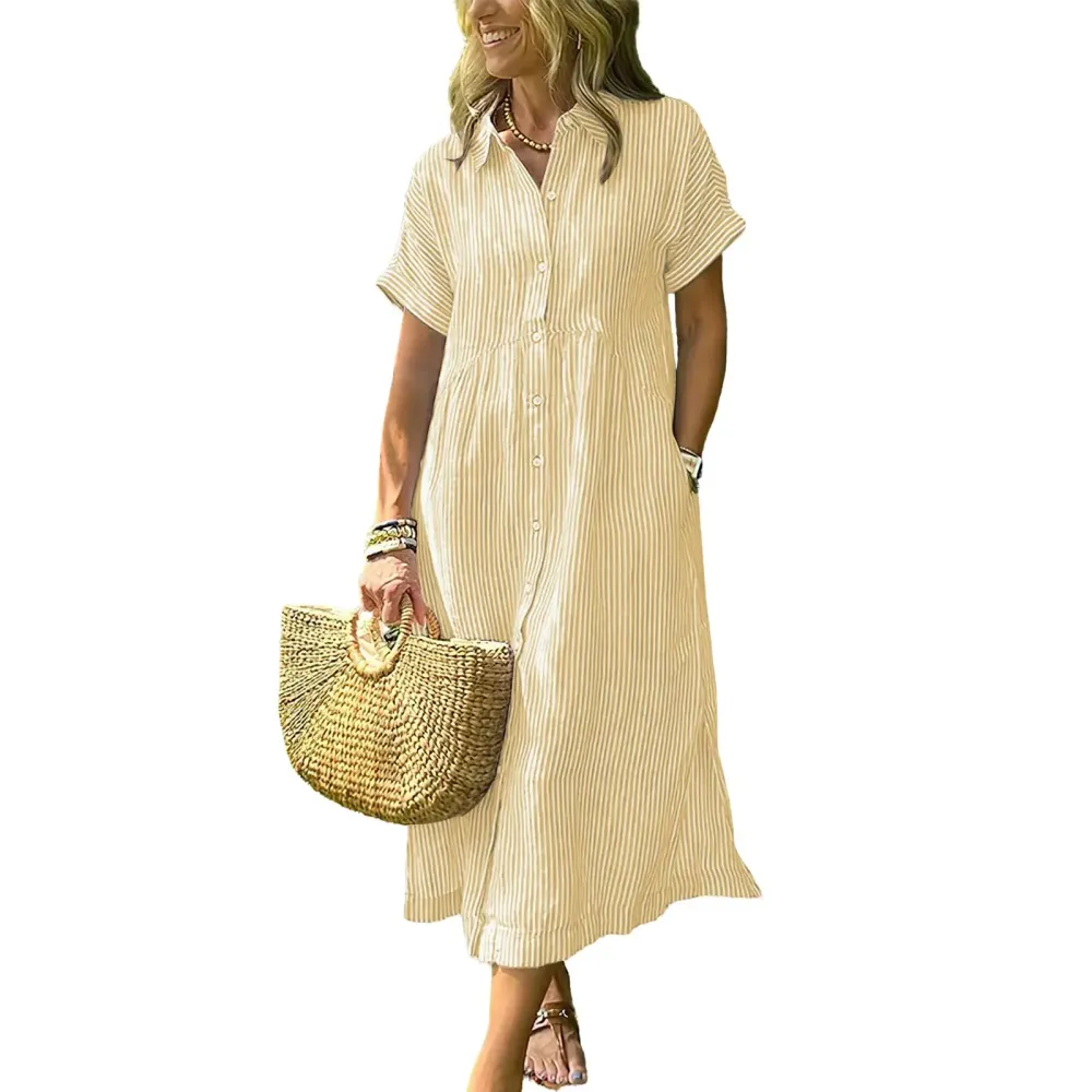Women‘s Boho Striped Shirt Dress Button Down Loose Midi Dress with Pockets and Side Slit