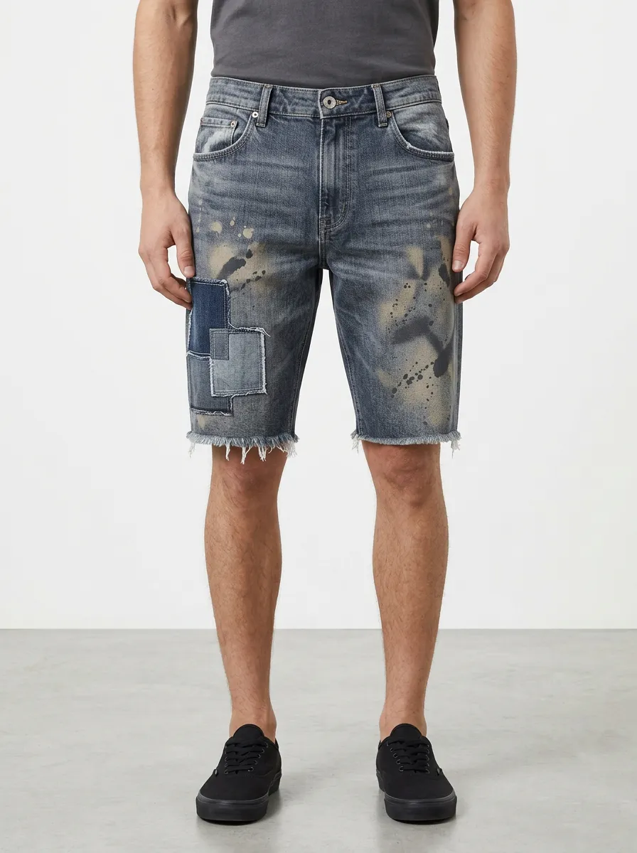 Men's Patchwork Paint Splatter Raw Hem Street Inspired Distressed Denim Shorts