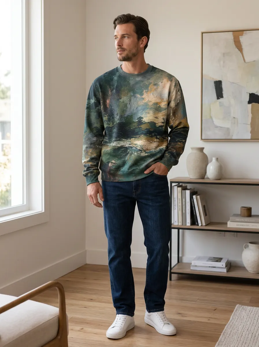 Men's Multicolor Landscape Waffle Knit Crewneck Sweatshirt