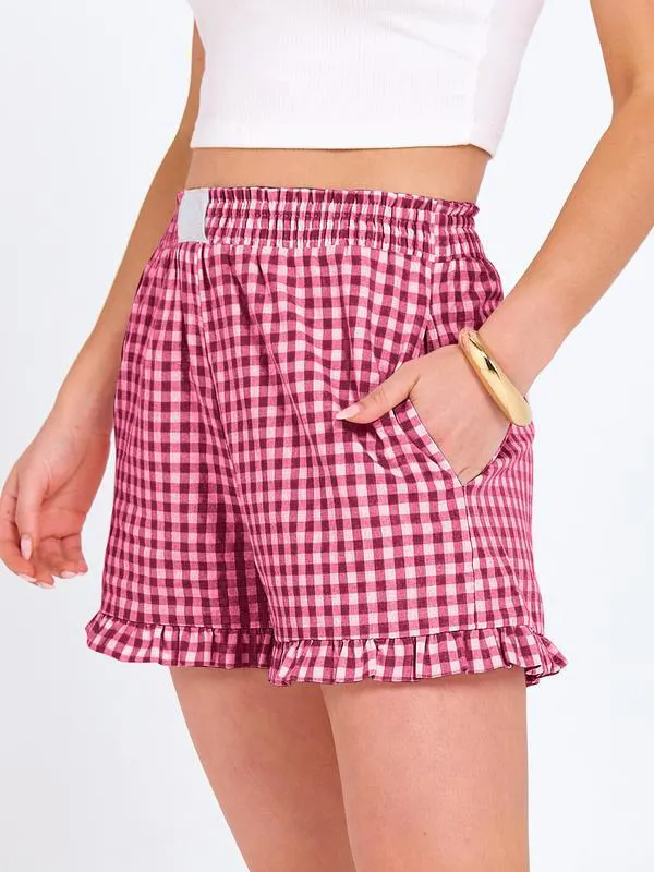 Women's Casual Lounge Sleep Plaid Ruffle Boxer Shorts Pajama Gingham Beach Bottoms Pockets
