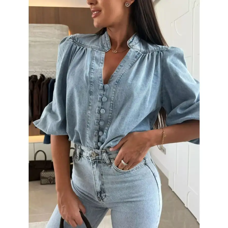 Button Down Puff Sleeve Denim Top