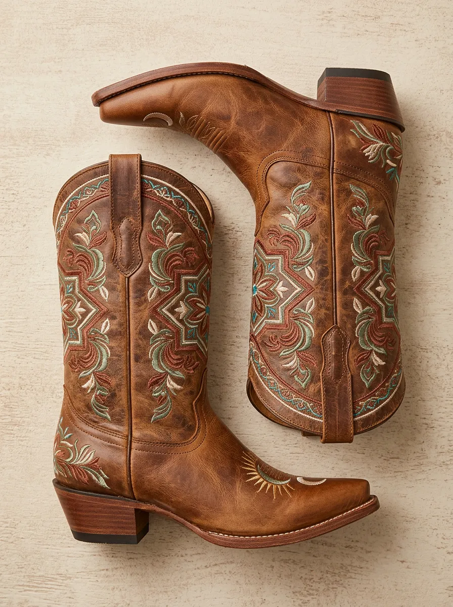 Women's Western Cowboy Sun Floral Embroidered Cowgirl Boots