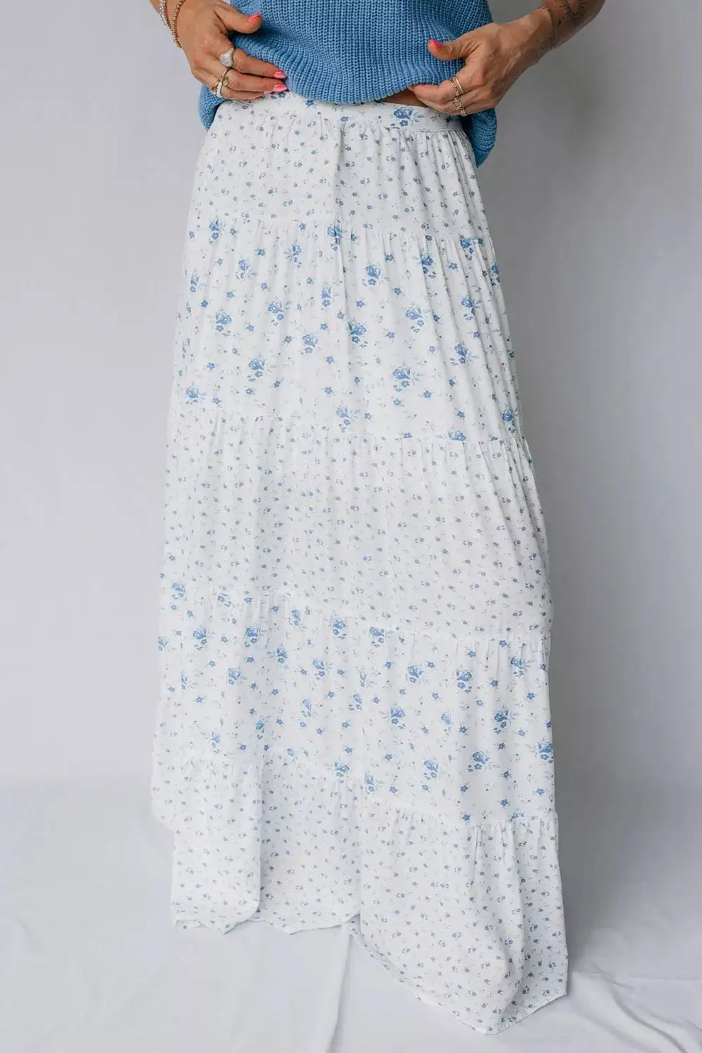 High Waist Tiny Floral Print Boho Maxi Skirt