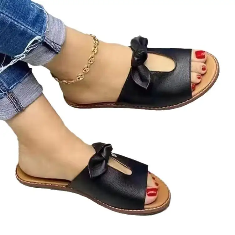 Bow Detail Flat Sole Slide Sandals