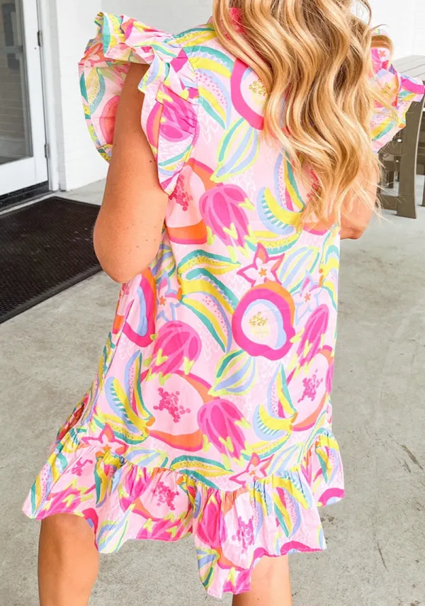 Floral Abstract Print Ruffle Trim Mini Dress