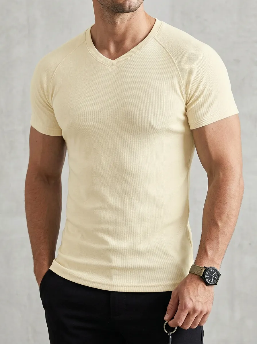 Refined Ribbed Raglan Sleeve V-Neck Profile Men's Slim Fit Short Sleeve T-Shirt