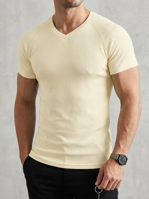 Refined Ribbed Raglan Sleeve V-Neck Profile Men's Slim Fit Short Sleeve T-Shirt