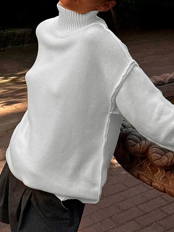 Paneled High Neck Long Sleeve Relaxed Fit Easy Fit Pullover Sweater