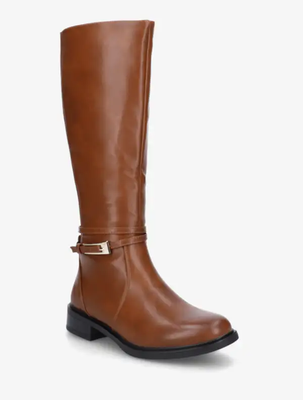 Utility Buckle Detail Block Heel Faux Leather Knee High Boots