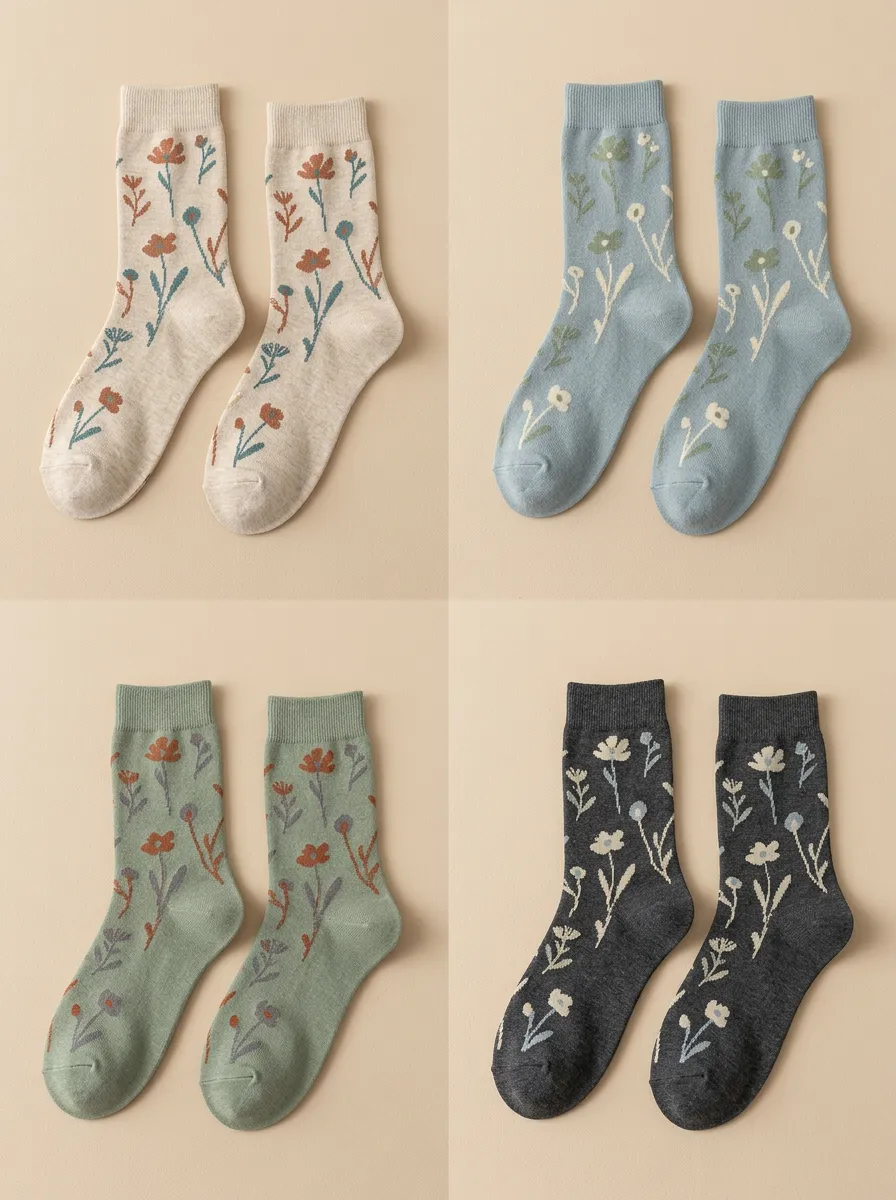 Women's Botanical Floral Classic Crew Socks Four Pair Set