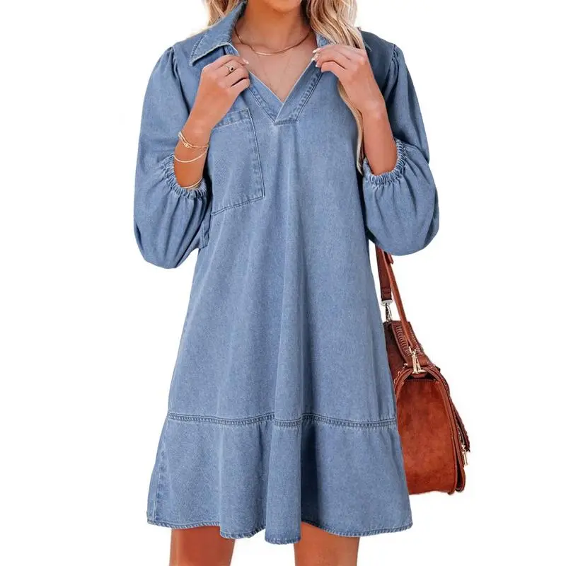 Women Fashion Fall Casual Babydoll 2025 V Neck 3/4 Puff Sleeve Jean Dresses