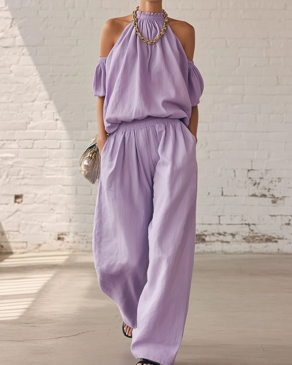 Folds and Halter Closure Casual Wide Leg Pants Set
