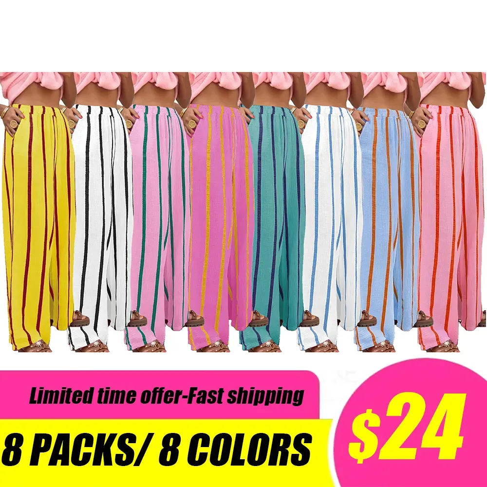 Women's Linen Striped Print Wide Leg Pants