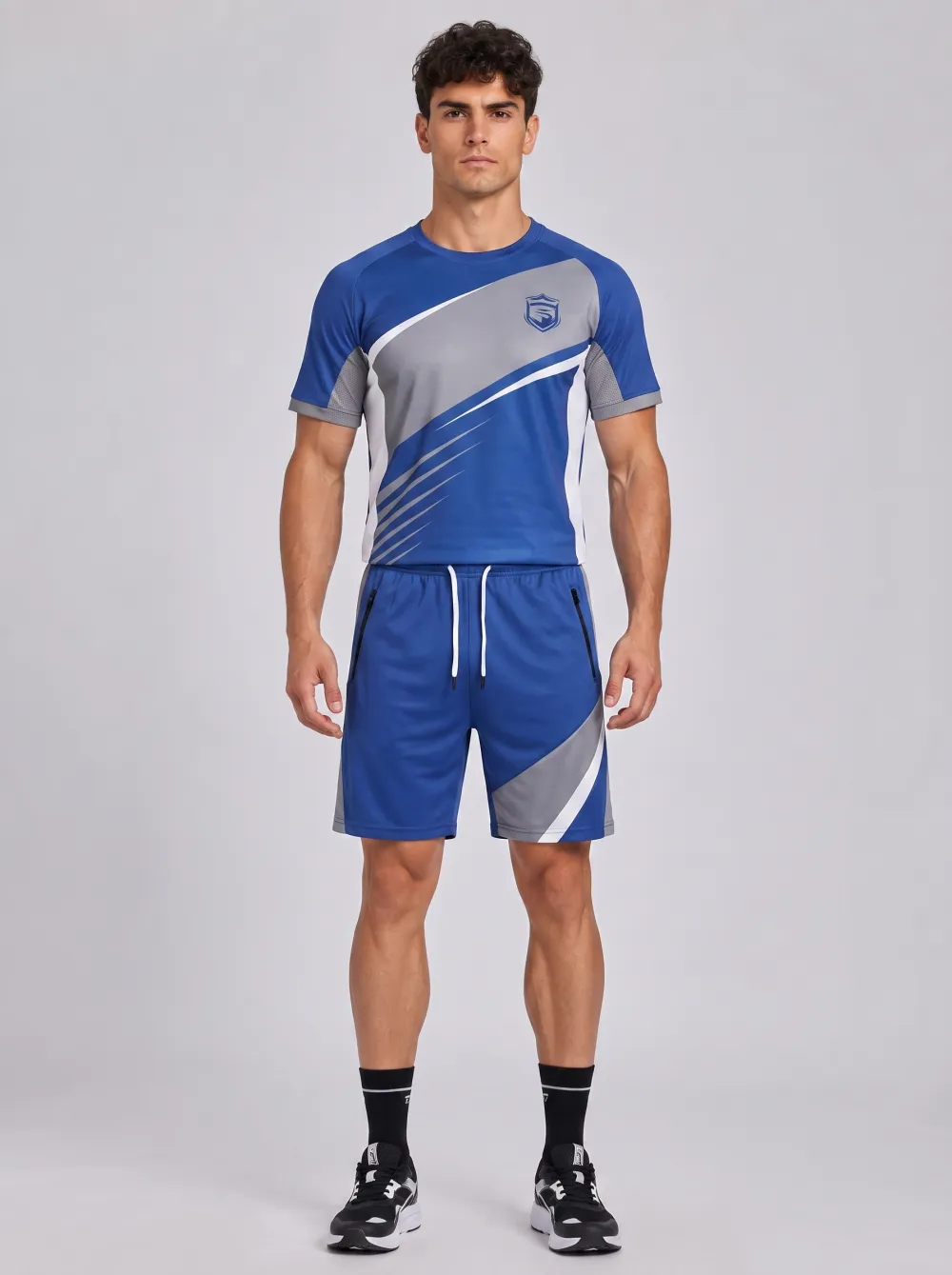 Men's Sporty Geometric Pattern Printed Activewear Set with Colorblock Panels