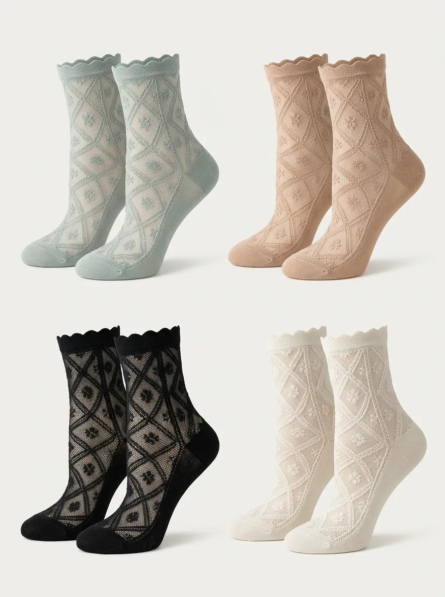 Women's Vintage Style Diamond Floral Pattern Scalloped Trim Socks