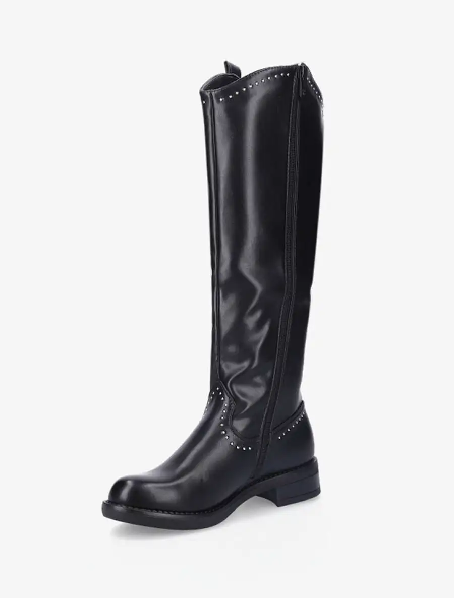 Polished Block Heel Faux Leather Flat Sole Knee High Boots