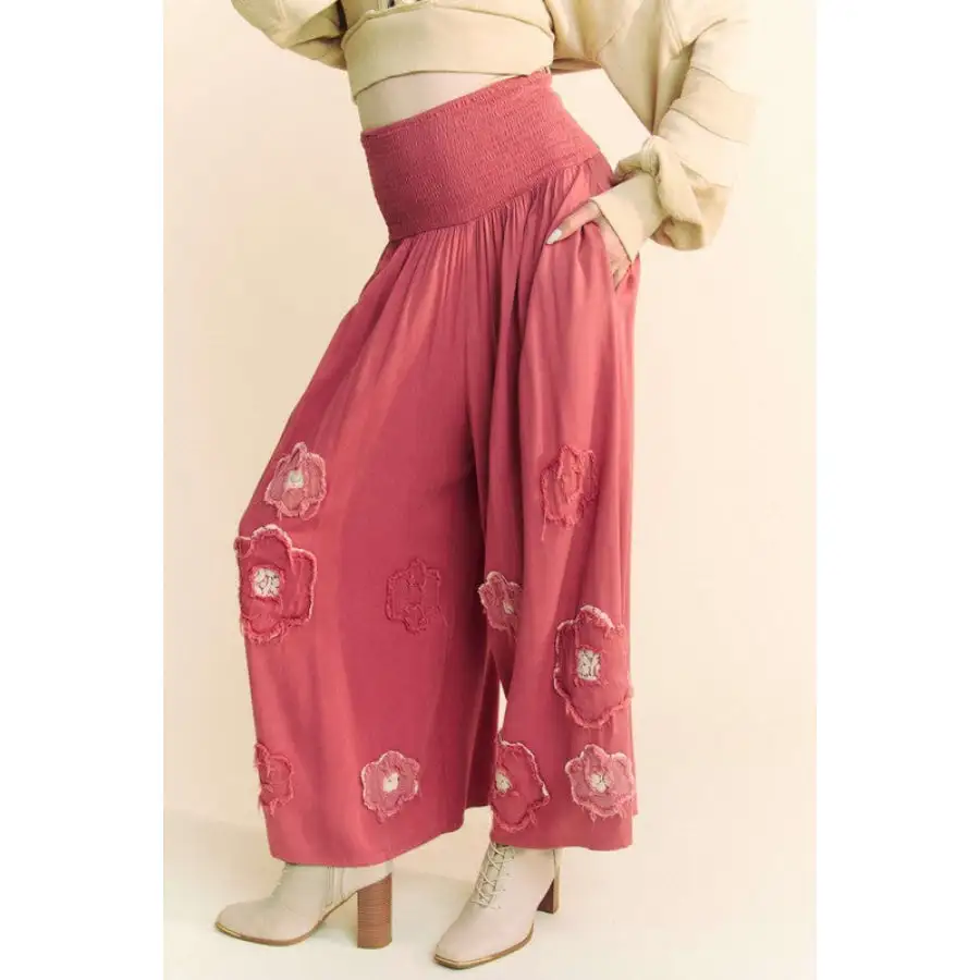 Smocked Waist Flower Patch Wide Leg Pants