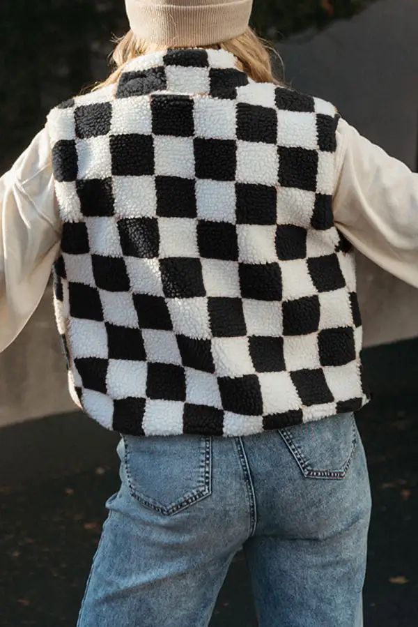 Checkered Collared Sherpa Vest