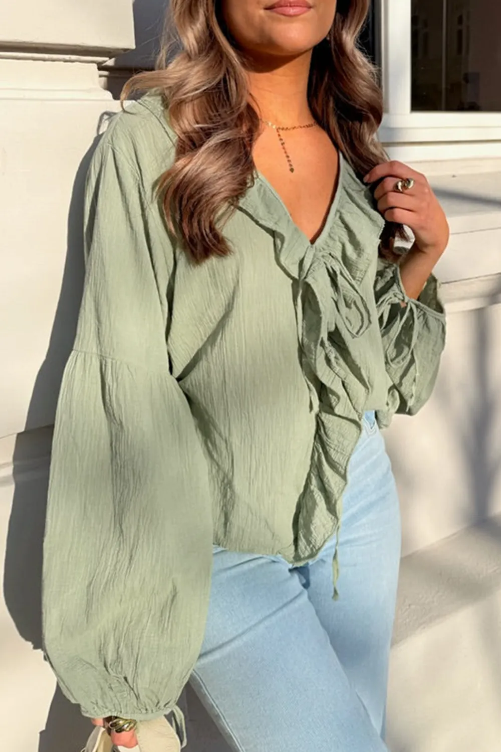 Ruffle Trim Long Sleeve V Neck Blouse