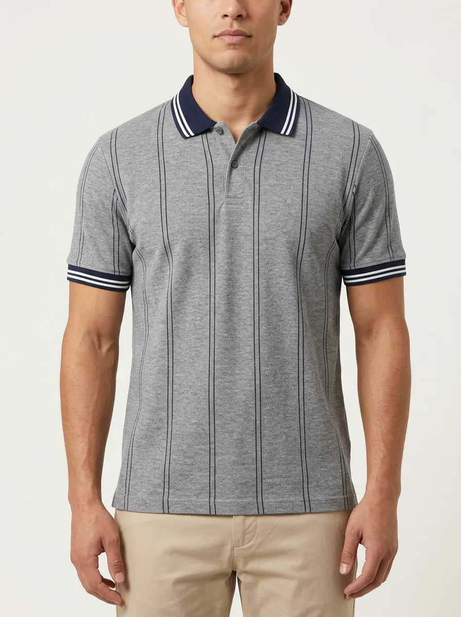 Men's Knit Ribbed Textured Vertical-Stripe Polo Shirt