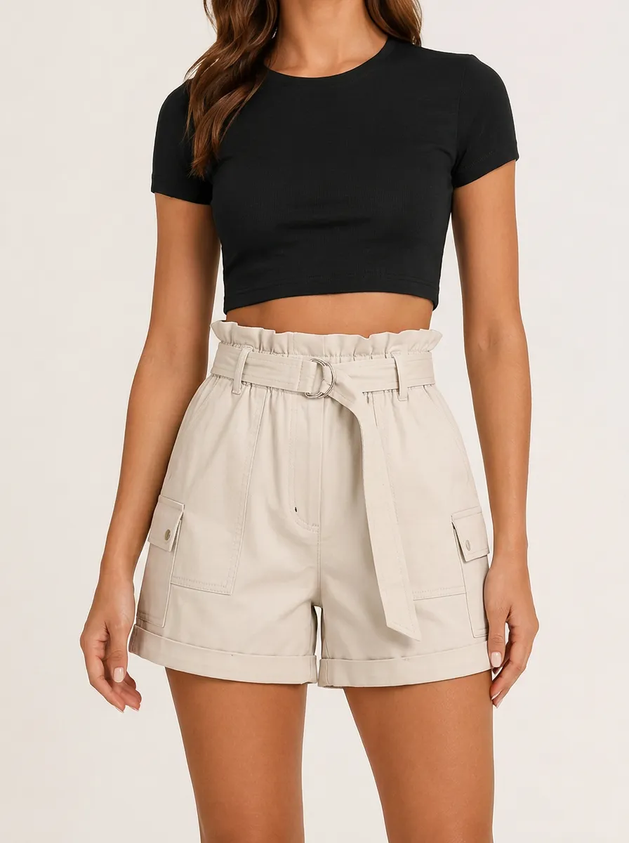 Women's Casual Summer High-Waisted Belted Cargo Shorts