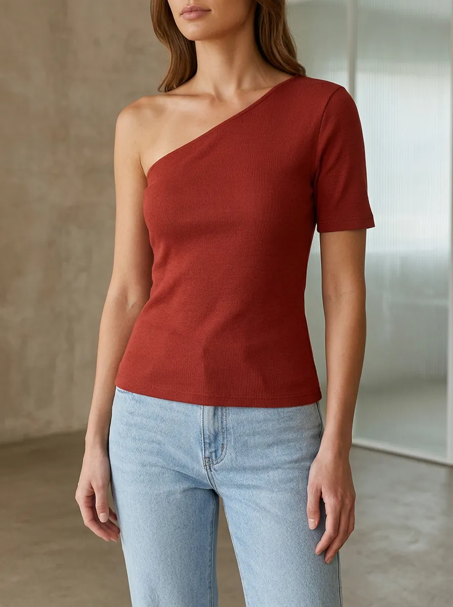 Women's Rust Red Ribbed One-Shoulder Short Sleeve Top