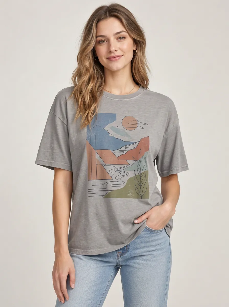 Women's Abstract Mountain Sun Soft Style Printed Tee