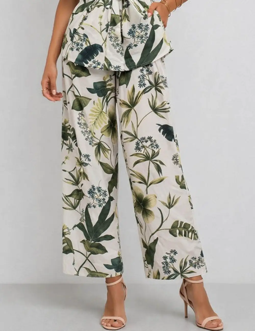 Leaves Elastic Waist Wide Leg Pants