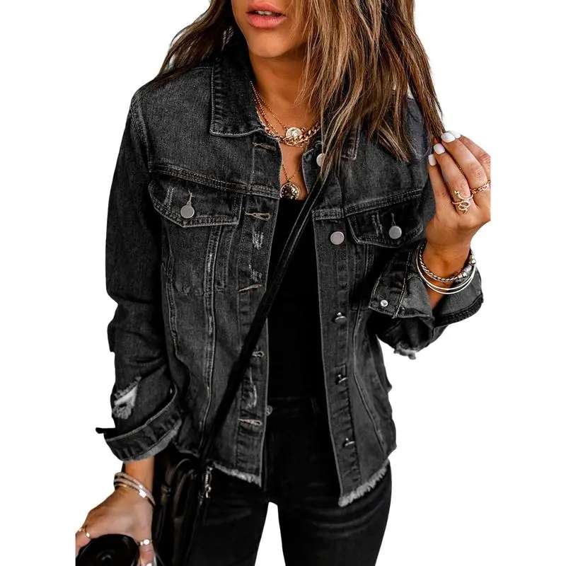 Women's Jean Jackets Casual Non Stretch Boyfriend Washed Coats Distressed Ripped Lapel Long Sleeve Denim Outwear Tops 2025 Womenswear Fall Winter Outfits Fitted Basic