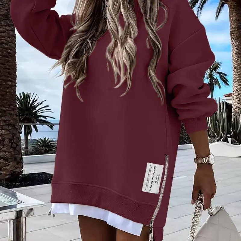 Women's Long Sleeve Pullover Sweatshirt Zipper Slit Casual Dress Drop Shoulder Oversized Outfits