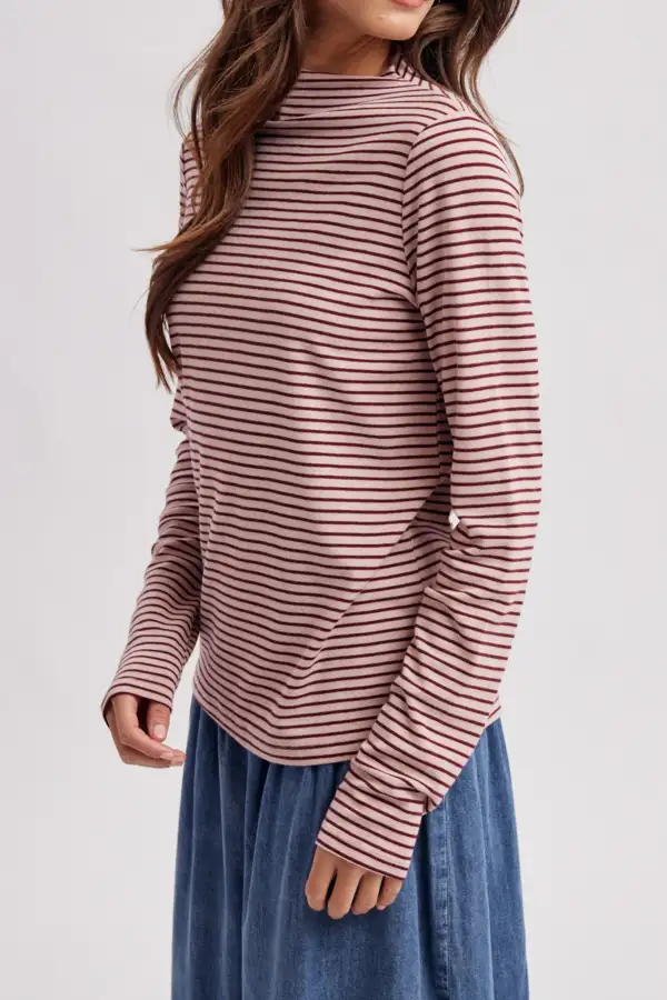 Striped Mock Neck Long Sleeve Relaxed Sweater