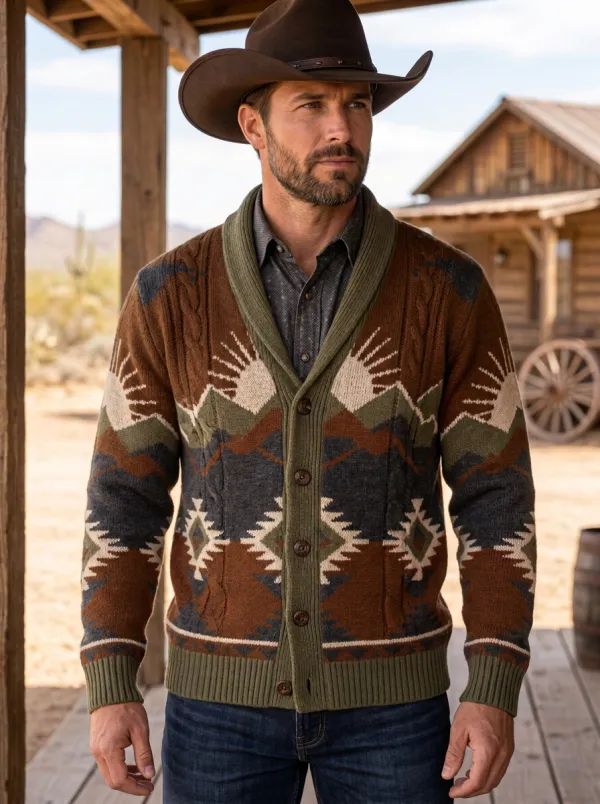Dusty Trail Mountain Sun Southwestern Rodeo Style Men's Western Cardigan