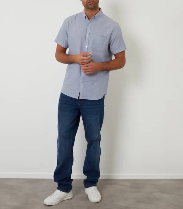Denim Blue Short-Sleeve Linen-Blend Shirt