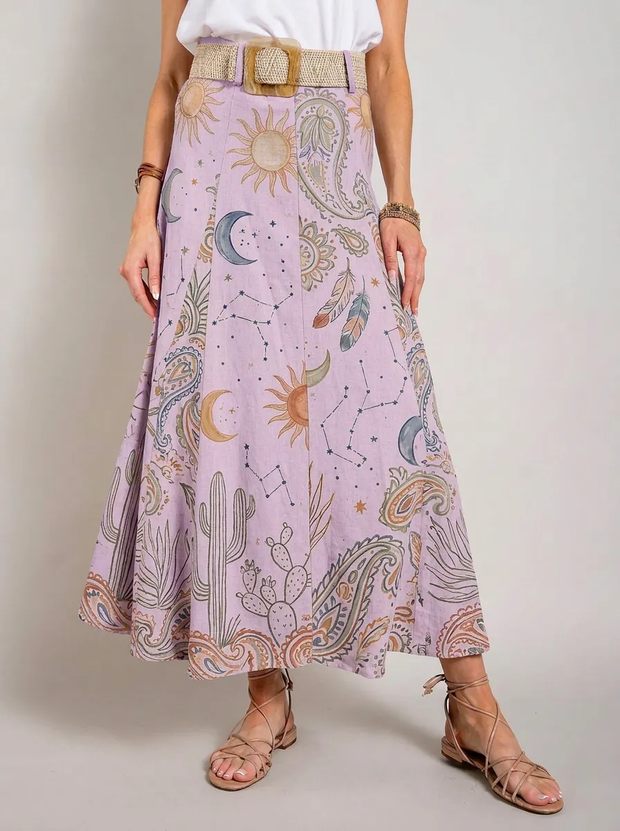 Women's Marina Boho Celestial Cactus Paisley Printed Midi Skirt