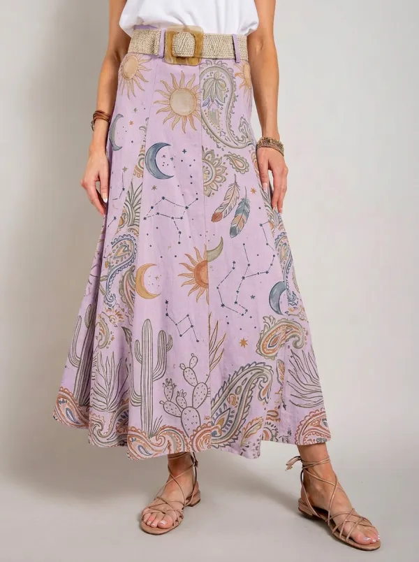 Women's Marina Boho Celestial Cactus Paisley Printed Midi Skirt