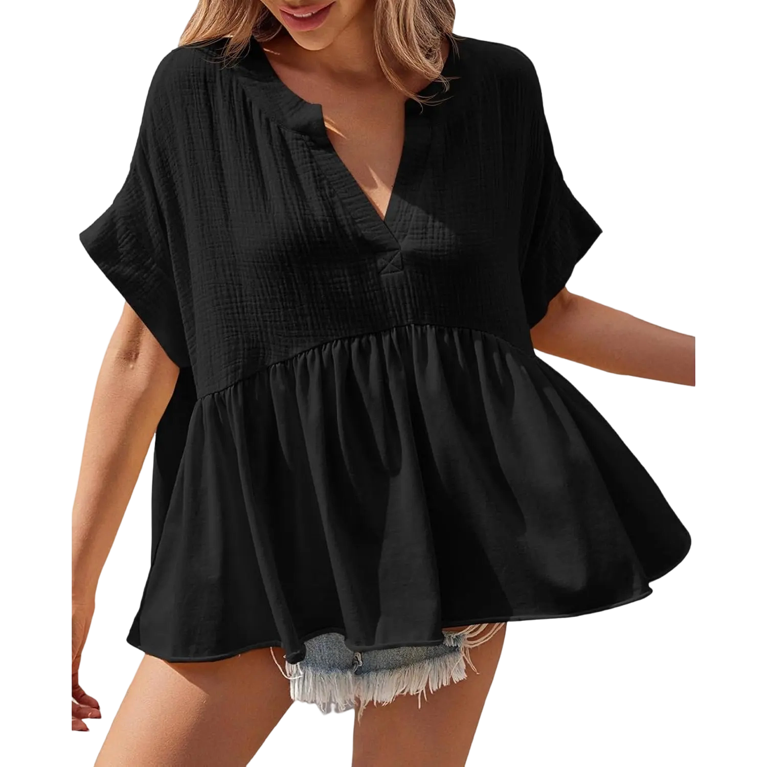 🔥 Women's Summer V-Neck Babydoll Tops | Short Sleeve Pleated Flowy Blouse