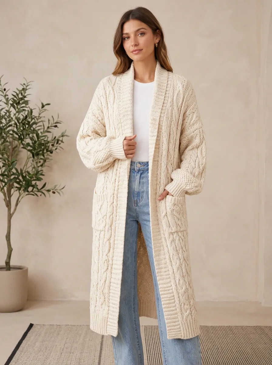 Women's Casual Style Cream Cable Knit Long Cardigan