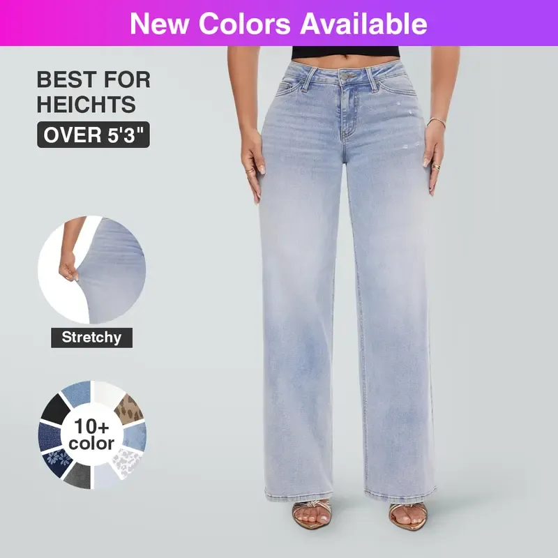 🔥Last Day 49% Offer-Mid-low Rise Baggy Jeans Stretchy Wide Leg for Women Distressed Pants Light Blue/Dark Blue Womenswear Bottom 8001 Lady Basic Minimalist Comfortable Denim Tummy Control Curve Hugging Plus Size Regular Size BBL