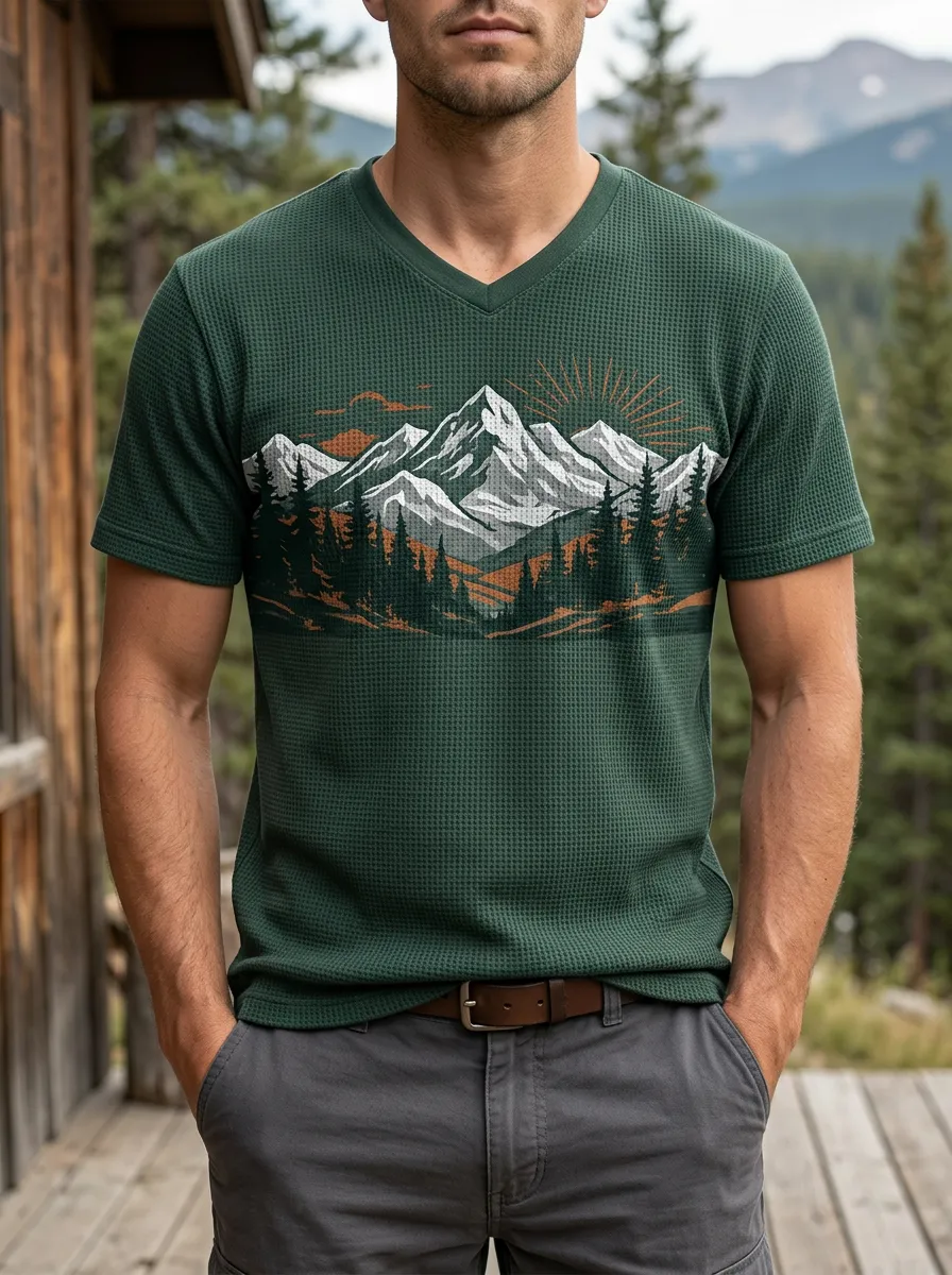 Men's Scenic Nature Hiking Lover Mountain Forest V-Neck T-Shirt