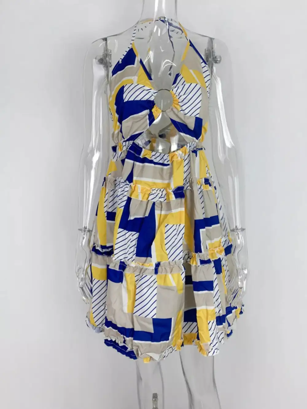 Colorful Print Halter Neck Ruffle Mini Dress