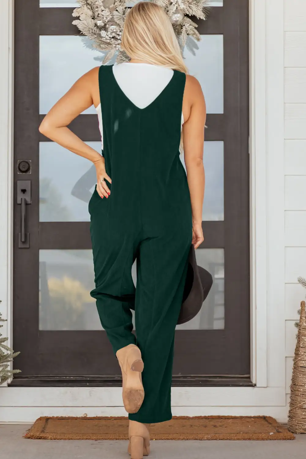Evergreen Corduroy V Neck Patched Pocket Jumpsuit