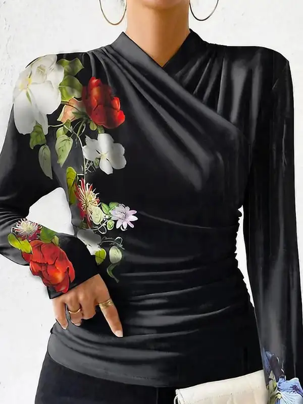 Long Sleeve Slim Fit Floral Print Pleat Detail Panel Detail V-Neck T-Shirt